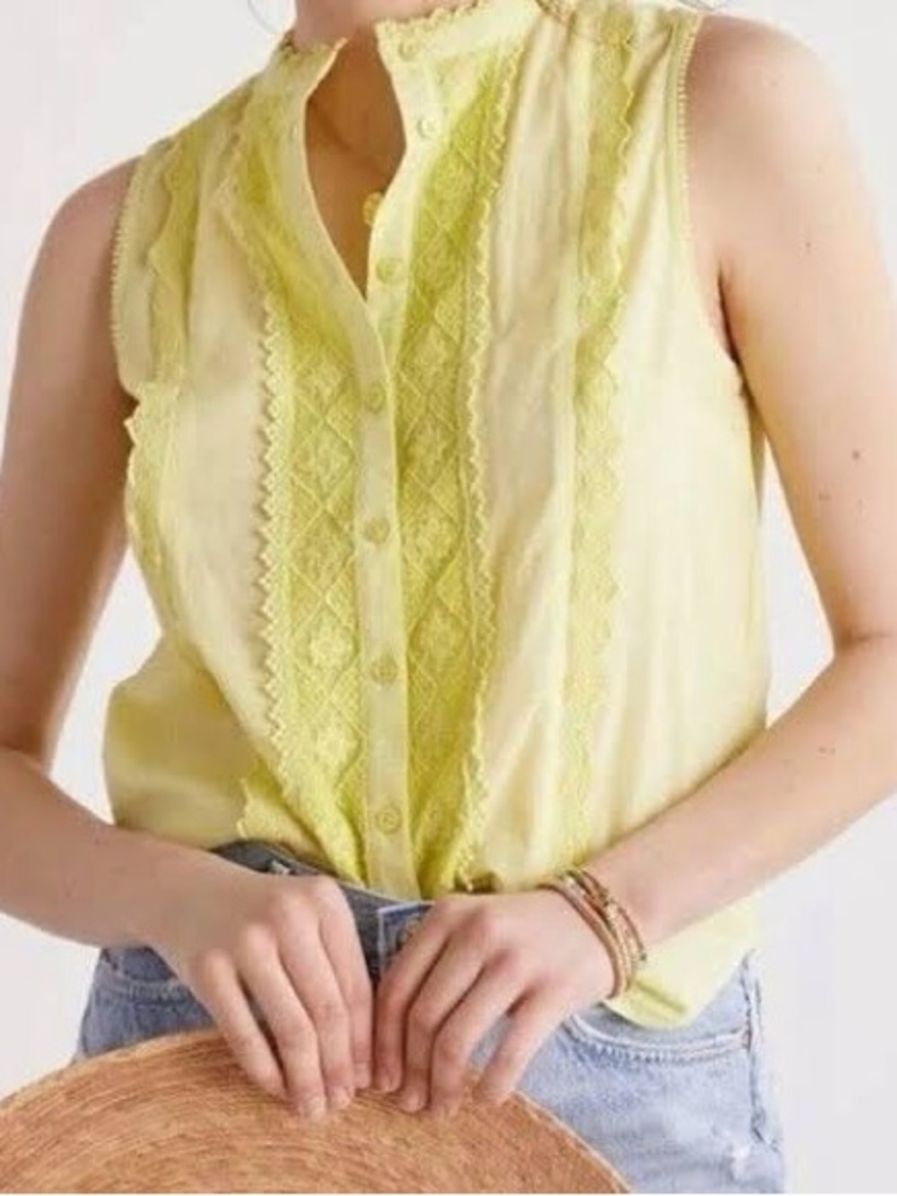 Anthropologie NWT Lime Lace-Trim Button Front Sleeveless Top SZ Large